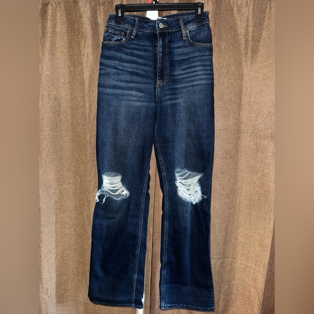 Hollister Blue Straight Leg Jeans with Distressed Details